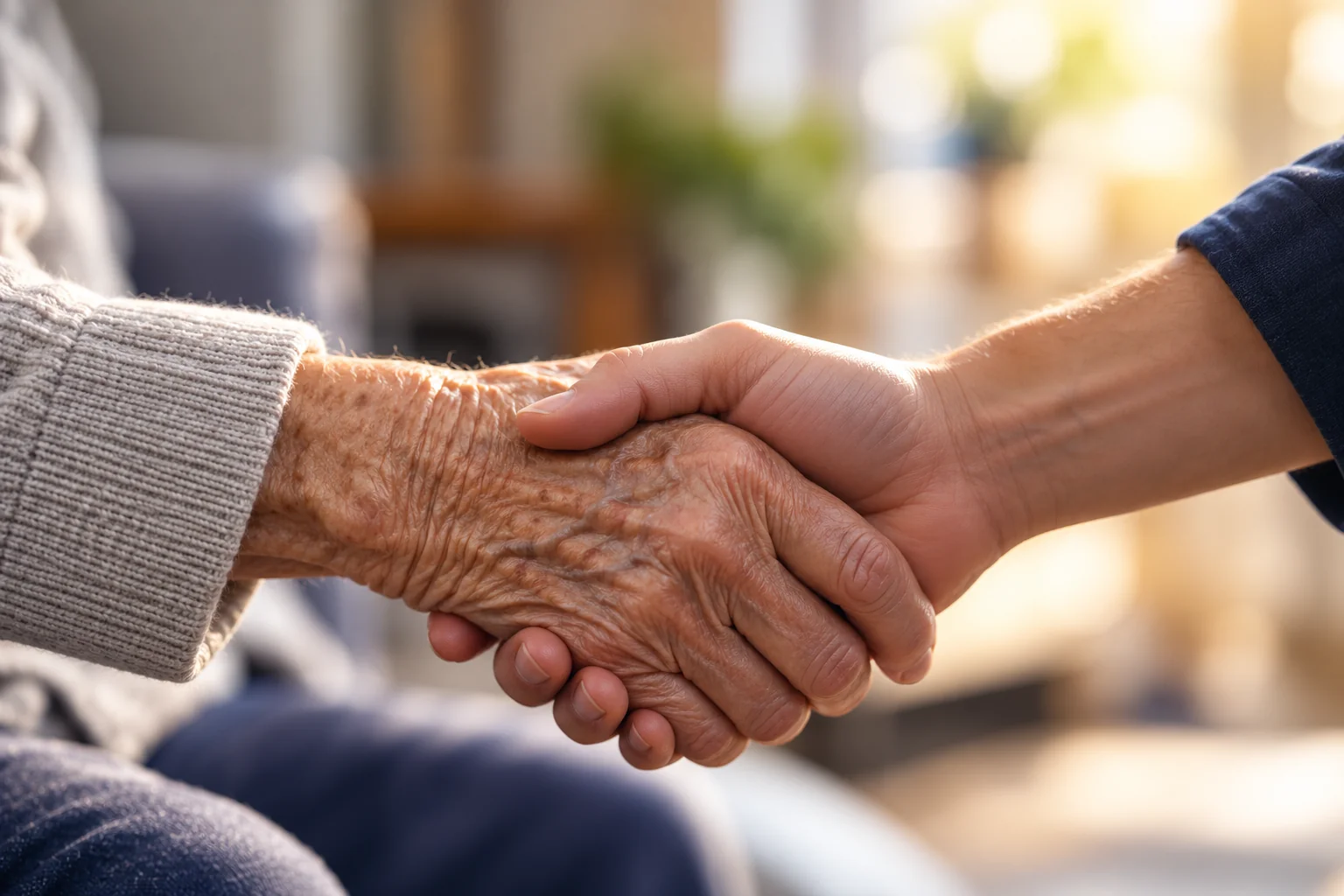 Une main jeune soutenant celle d’une personne âgée