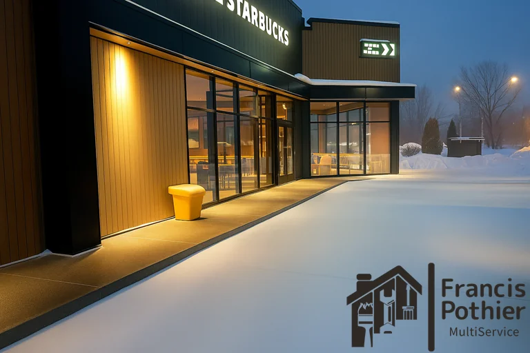 Entrée commerciale Starbucks avec accès piétonnier dégagé en hiver