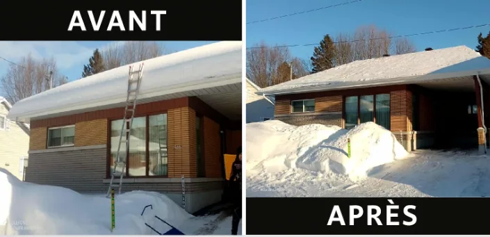 Toiture résidentielle à Shawinigan avant et après le déneigement